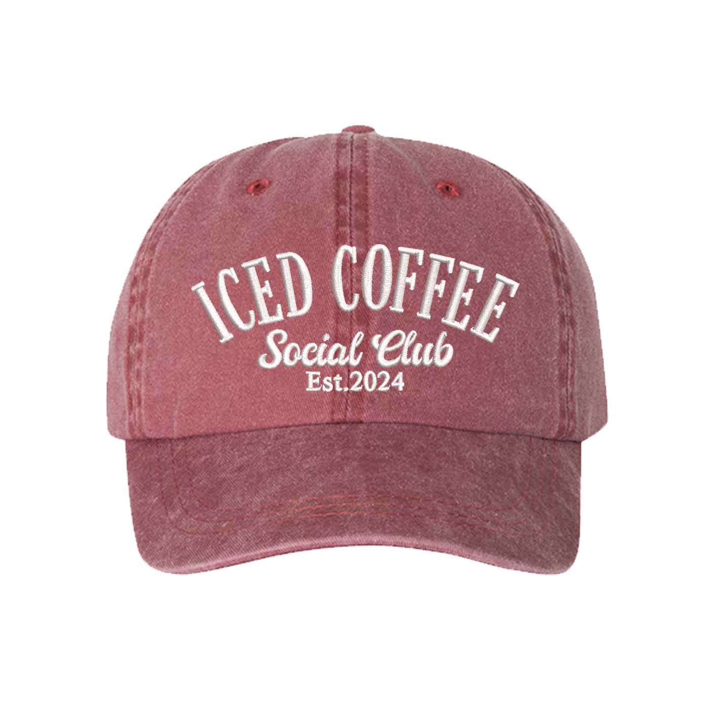 Wine Iced Coffee Social Club Est. 2024 Washed Statement Baseball Hat – a washed, relaxed-fit statement cap designed for everyday comfort and real-life moods. Trendy, adjustable, and effortlessly stylish. - DSY Lifestyle