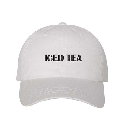 White Iced Tea embroidered baseball hat in a premium cotton twill featuring high-density typography by DSY Lifestyle.