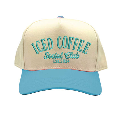 Beige and blue cap with embroidered ICED COFFEE Social Club Est. 2024 - DSY Lifestyle