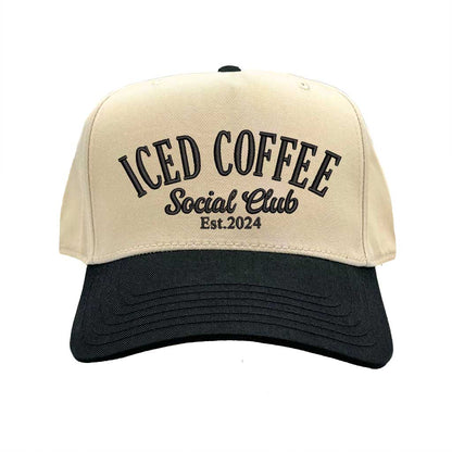Beige and black cap with embroidered ICED COFFEE Social Club Est. 2024 DSY Lifestyle