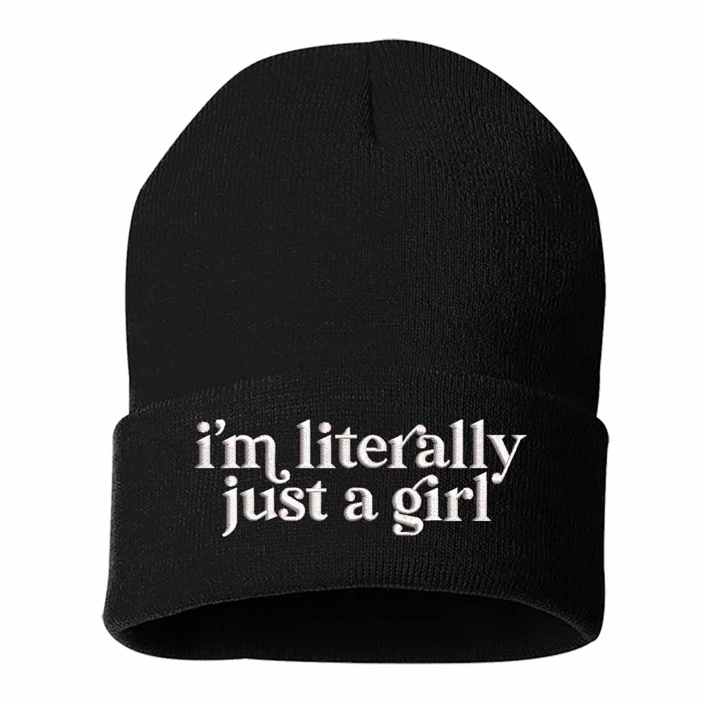 Black I’m Literally Just a Girl embroidered knit beanie with foldover cuff and soft cozy material – DSY Lifestyle