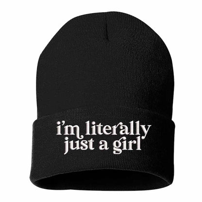 Black I’m Literally Just a Girl embroidered knit beanie with foldover cuff and soft cozy material – DSY Lifestyle