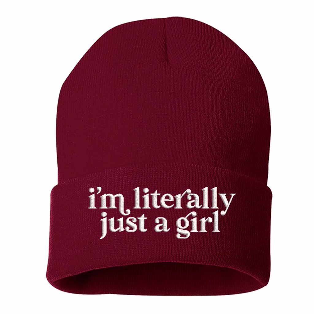 Burgundy I’m Literally Just a Girl embroidered knit beanie with foldover cuff and soft cozy material – DSY Lifestyle