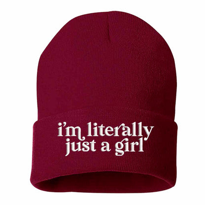 Burgundy I’m Literally Just a Girl embroidered knit beanie with foldover cuff and soft cozy material – DSY Lifestyle