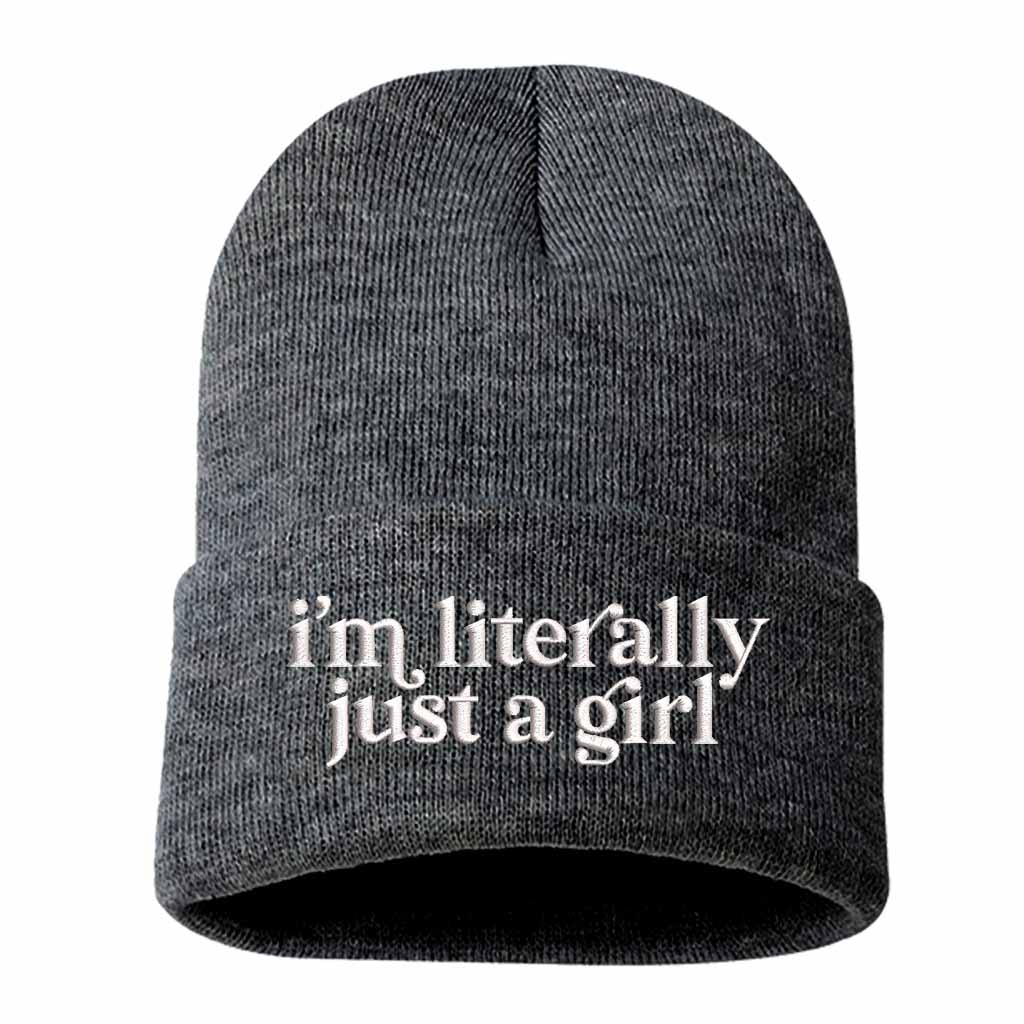 Charcoal Gray I’m Literally Just a Girl embroidered knit beanie with foldover cuff and soft cozy material – DSY Lifestyle