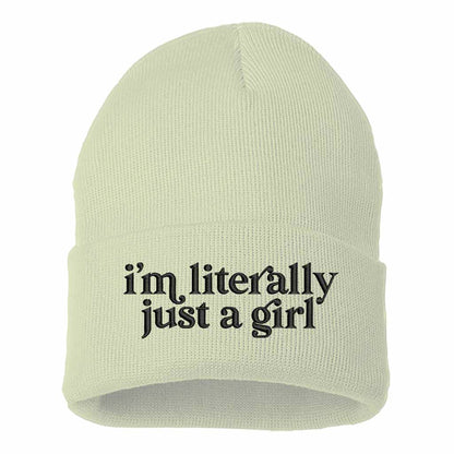 Cream with black thread I’m Literally Just a Girl embroidered knit beanie with foldover cuff and soft cozy material – DSY Lifestyle