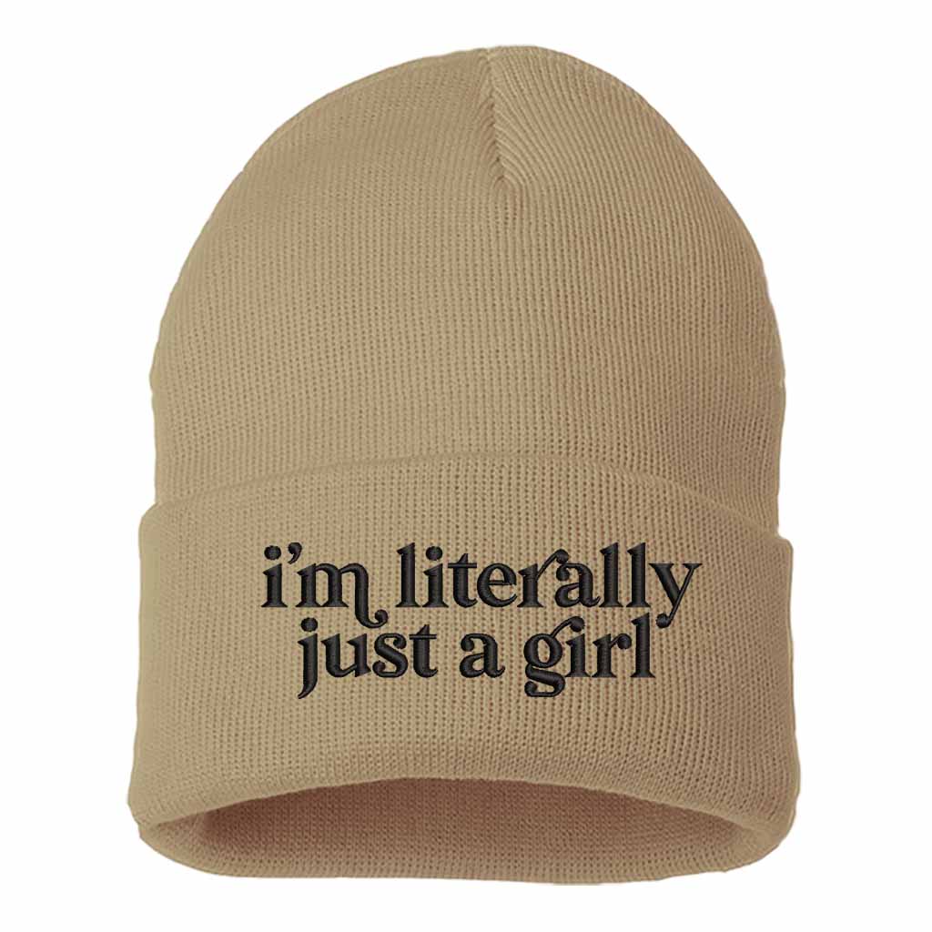 Khaki with black thread I’m Literally Just a Girl embroidered knit beanie with foldover cuff and soft cozy material – DSY Lifestyle