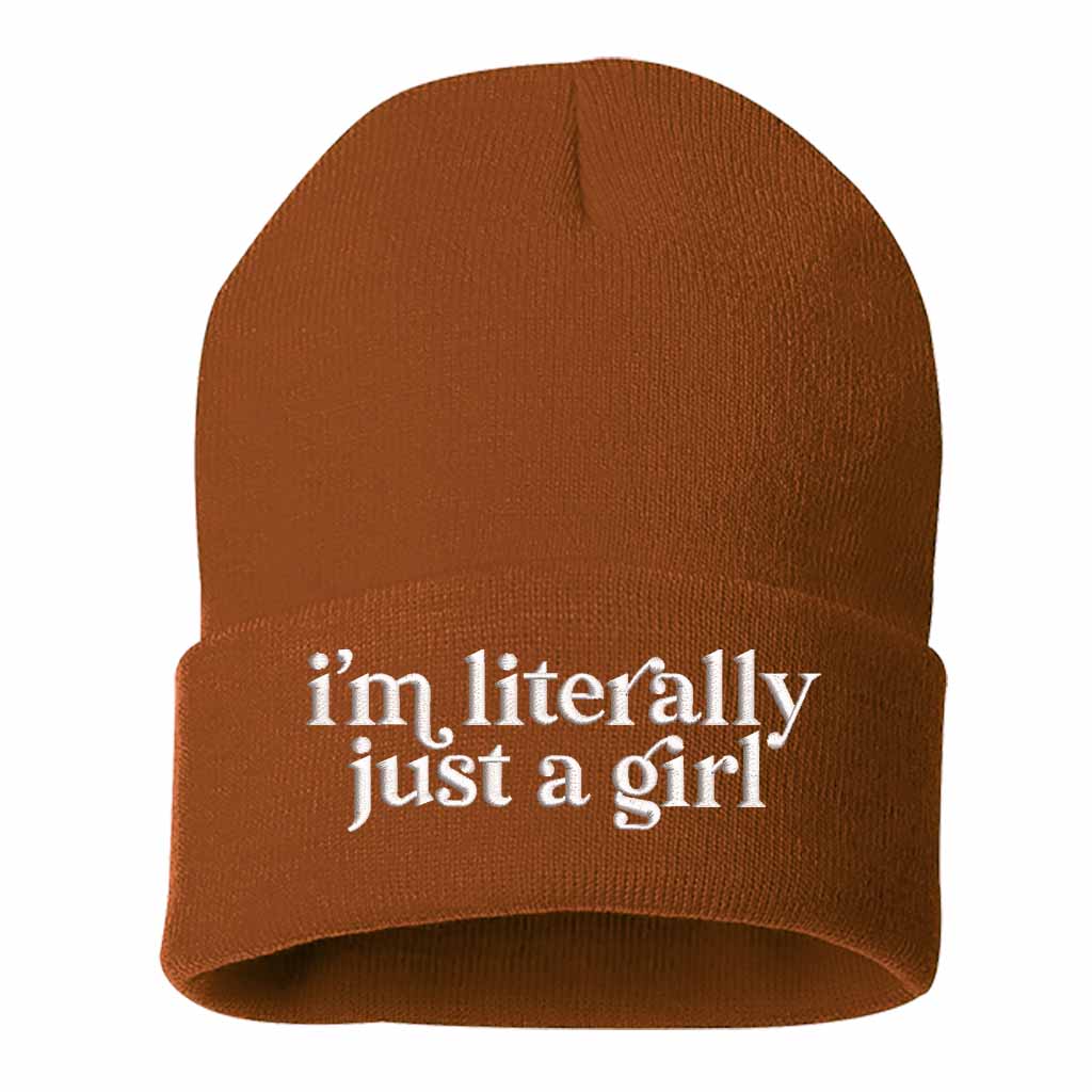 Texas Orange I’m Literally Just a Girl embroidered knit beanie with foldover cuff and soft cozy material – DSY Lifestyle