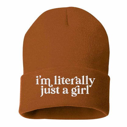 Texas Orange I’m Literally Just a Girl embroidered knit beanie with foldover cuff and soft cozy material – DSY Lifestyle