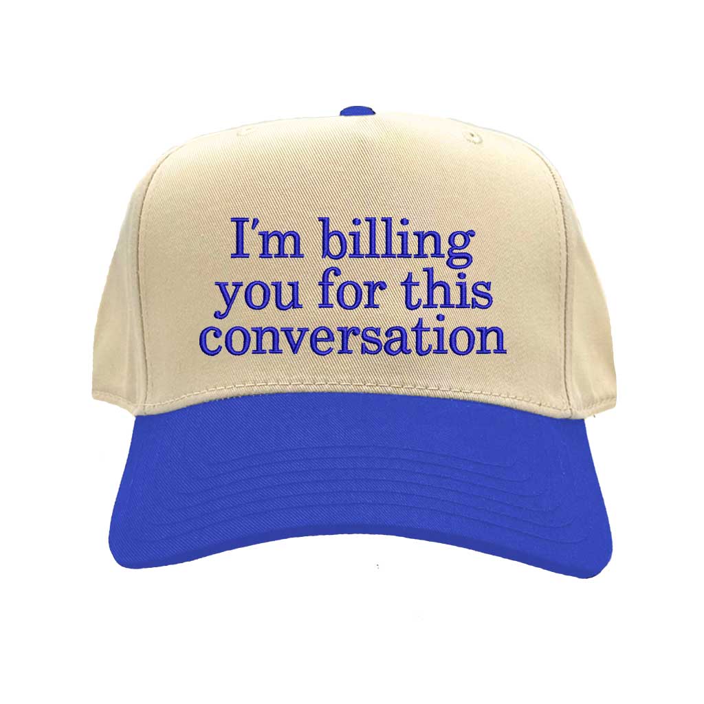 Beige and blue cap with text &