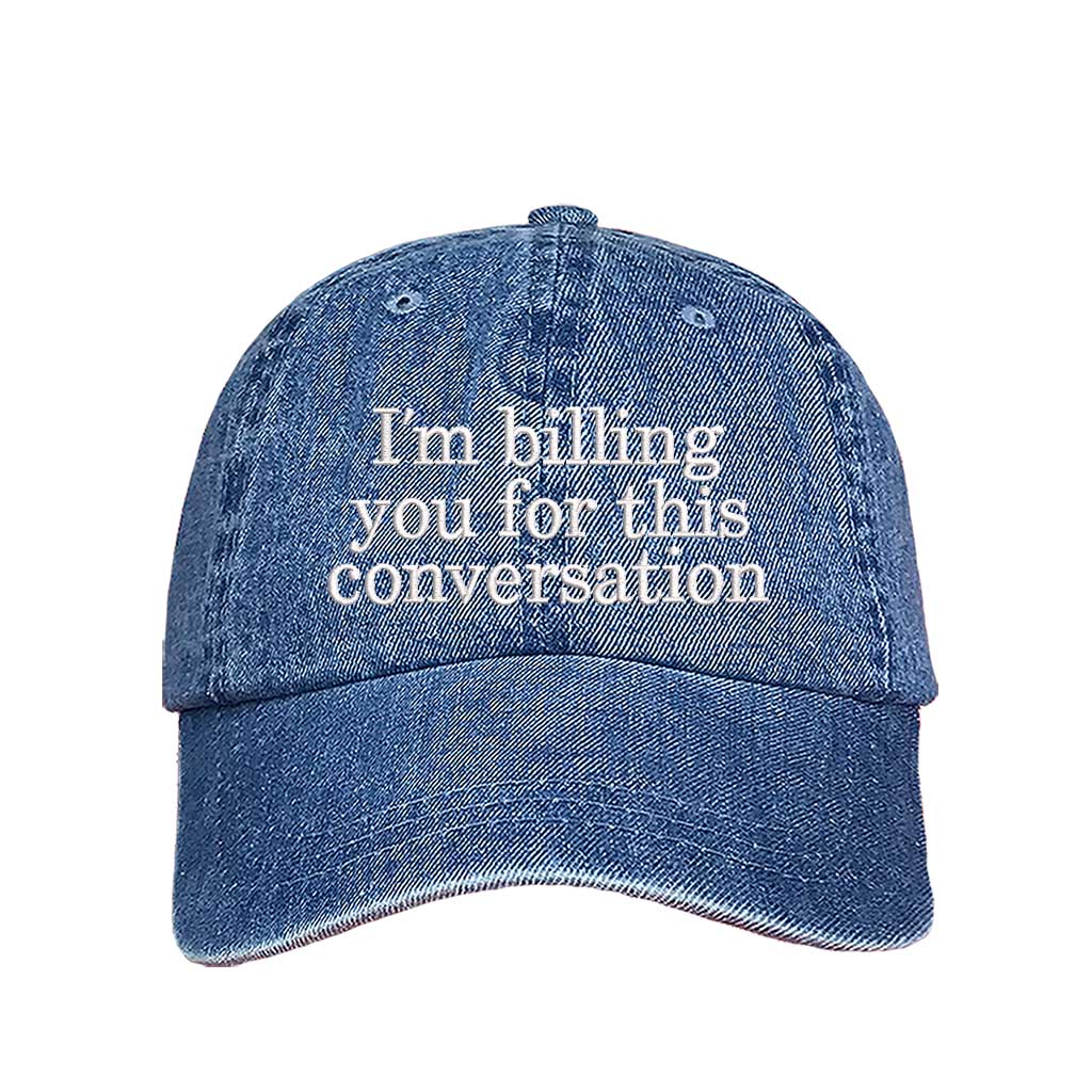 Blue denim cap with white text &