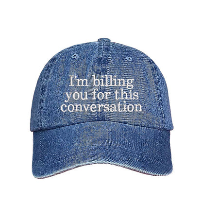 Blue denim cap with white text &