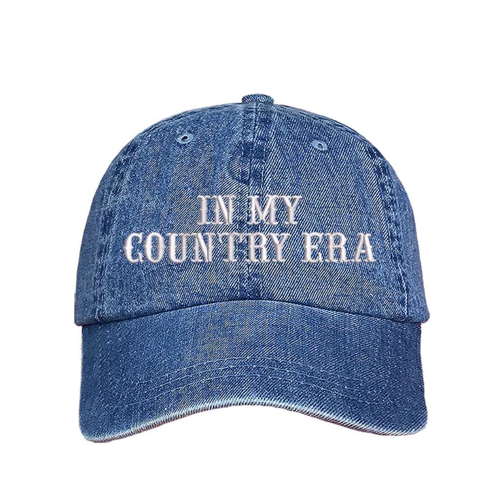 Denim Baseball hat thats embroidered with the phrase in my country era on the front-DSY Lifestyle 