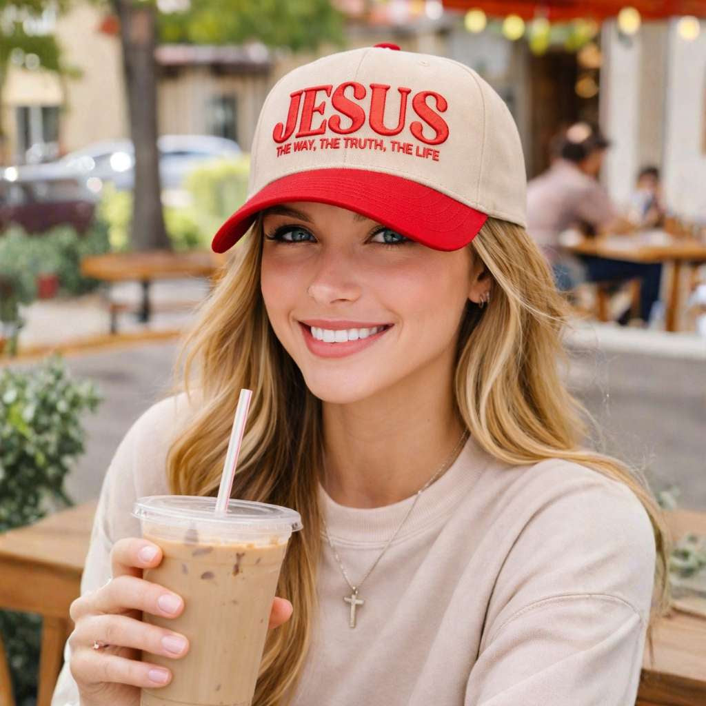 Female sipping iced coffee wearing a Natural Red Jesus The Way The Truth The Life 3D Two-Tone Hat featuring bold 3D raised embroidery on a natural crown with a contrasting visor; a premium faith statement by DSY Lifestyle.
