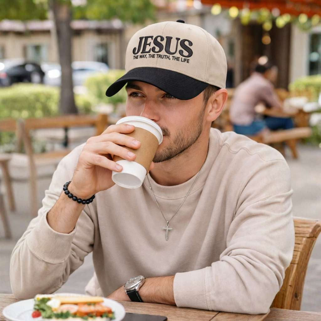 Handsome male sipping coffee outside of the coffee shop wearing Natural Black Jesus The Way The Truth The Life 3D Two-Tone Hat featuring bold 3D raised embroidery on a natural crown with a contrasting visor; a premium faith statement by DSY Lifestyle.