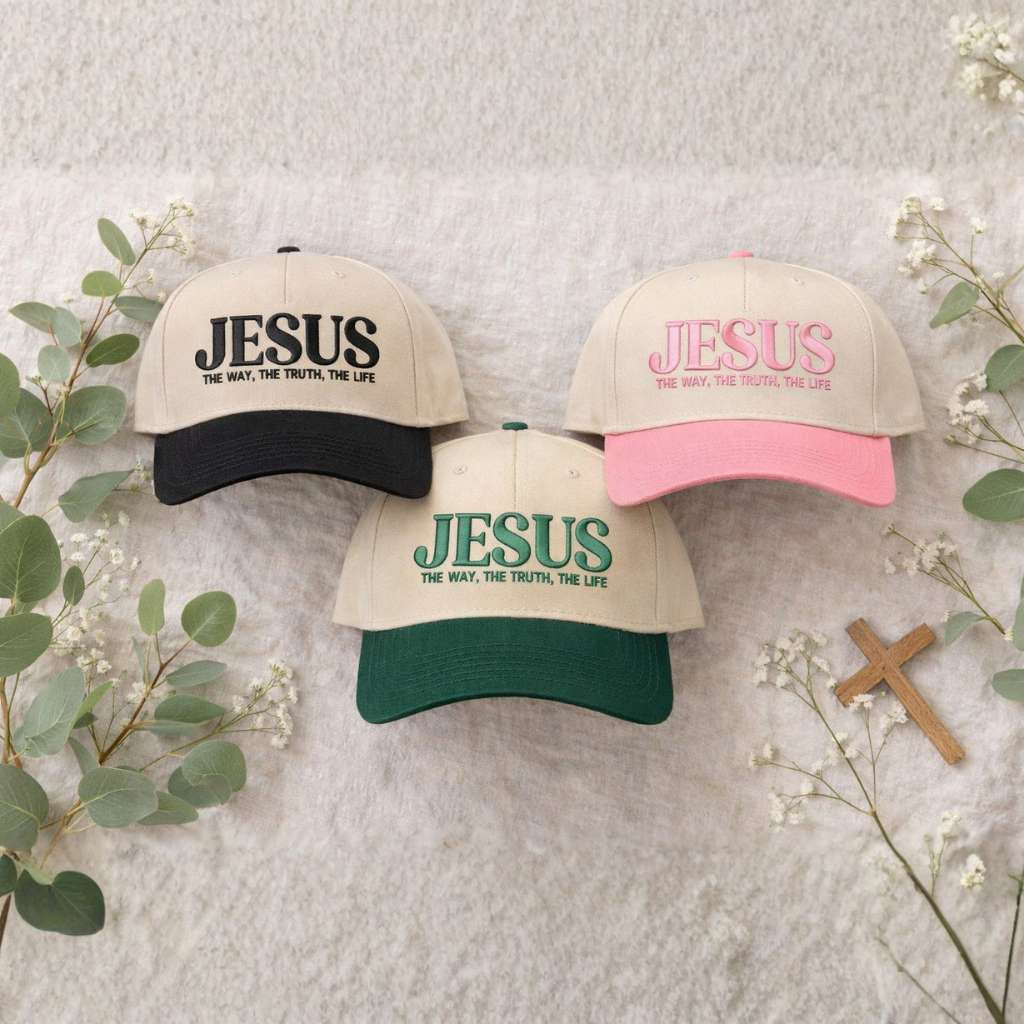 Display Set of three Jesus The Way The Truth The Life 3D Two-Tone Hats featuring bold 3D raised embroidery on a natural crown with a contrasting visor; a premium faith statement by DSY Lifestyle.
