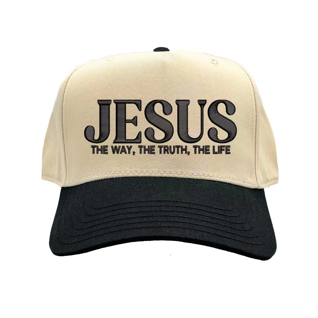 Natural Black Jesus The Way The Truth The Life 3D Two-Tone Hat featuring bold 3D raised embroidery on a natural crown with a contrasting visor; a premium faith statement by DSY Lifestyle.