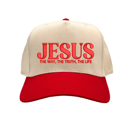 Natural Red Jesus The Way The Truth The Life 3D Two-Tone Hat featuring bold 3D raised embroidery on a natural crown with a contrasting visor; a premium faith statement by DSY Lifestyle.