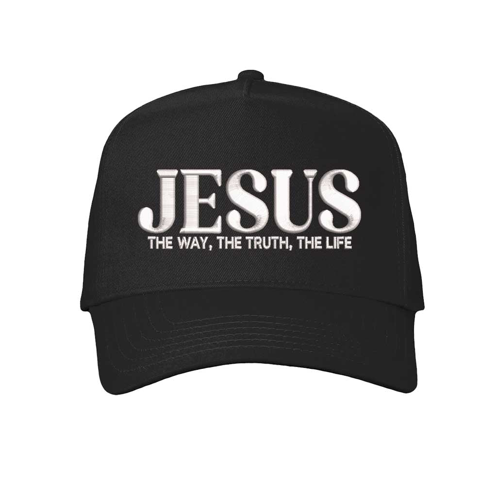 Solid Black Jesus The Way The Truth The Life 3D Two-Tone Hat featuring bold 3D raised embroidery on a the crown with corresponding visor; a premium faith statement by DSY Lifestyle.