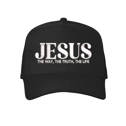 Solid Black Jesus The Way The Truth The Life 3D Two-Tone Hat featuring bold 3D raised embroidery on a the crown with corresponding visor; a premium faith statement by DSY Lifestyle.