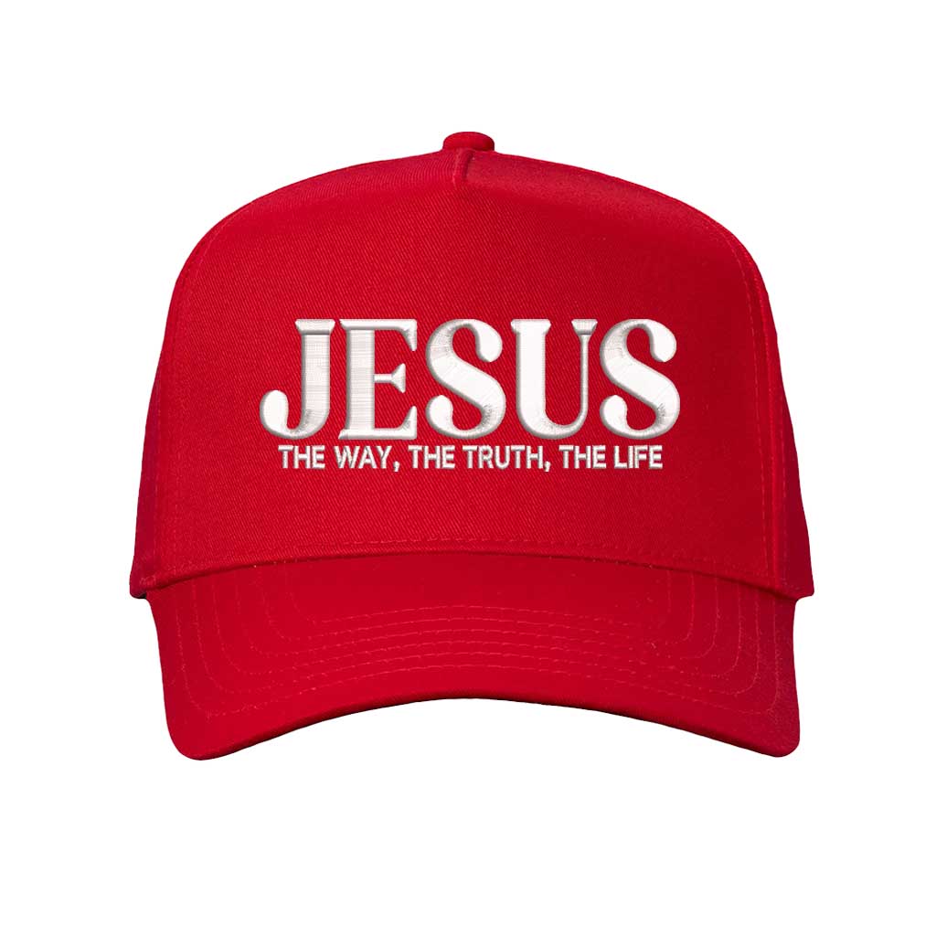 Solid Red Jesus The Way The Truth The Life 3D Two-Tone Hat featuring bold 3D raised embroidery on a the crown with corresponding visor; a premium faith statement by DSY Lifestyle.