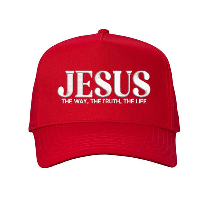 Solid Red Jesus The Way The Truth The Life 3D Two-Tone Hat featuring bold 3D raised embroidery on a the crown with corresponding visor; a premium faith statement by DSY Lifestyle.