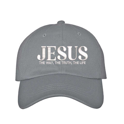 Gray Jesus The Way The Truth The Life 3D Puff Baseball Hat featuring bold white 3D raised embroidery on a structured cotton cap; a premium scripture statement piece by DSY Lifestyle.