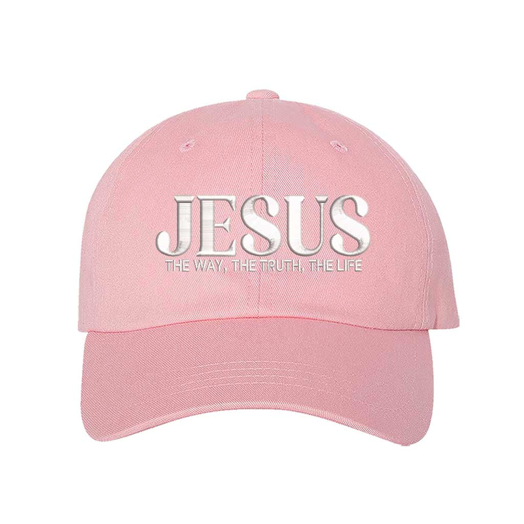 Light Pink Jesus The Way The Truth The Life 3D Puff Baseball Hat featuring bold white 3D raised embroidery on a structured cotton cap; a premium scripture statement piece by DSY Lifestyle.