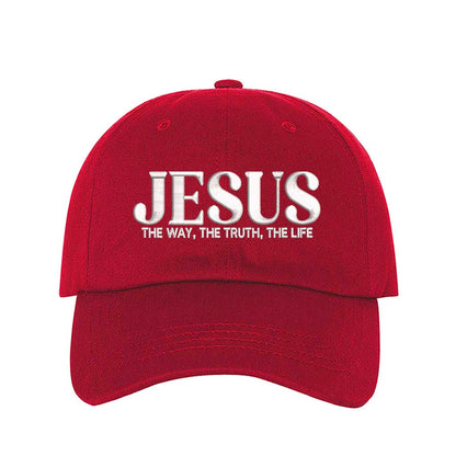 Red Jesus The Way The Truth The Life 3D Puff Baseball Hat featuring bold white 3D raised embroidery on a structured cotton cap; a premium scripture statement piece by DSY Lifestyle.