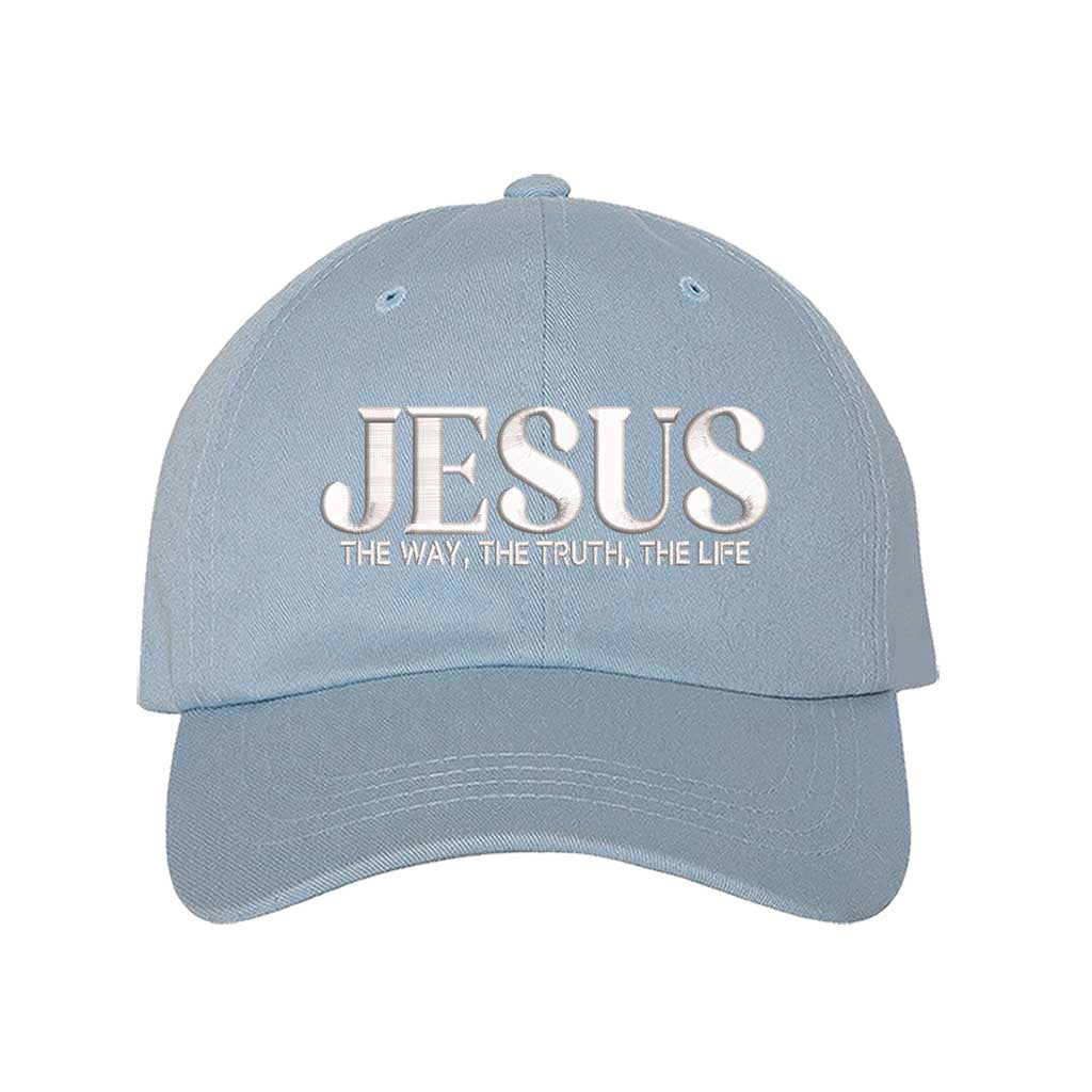Sky Blue Jesus The Way The Truth The Life 3D Puff Baseball Hat featuring bold white 3D raised embroidery on a structured cotton cap; a premium scripture statement piece by DSY Lifestyle.