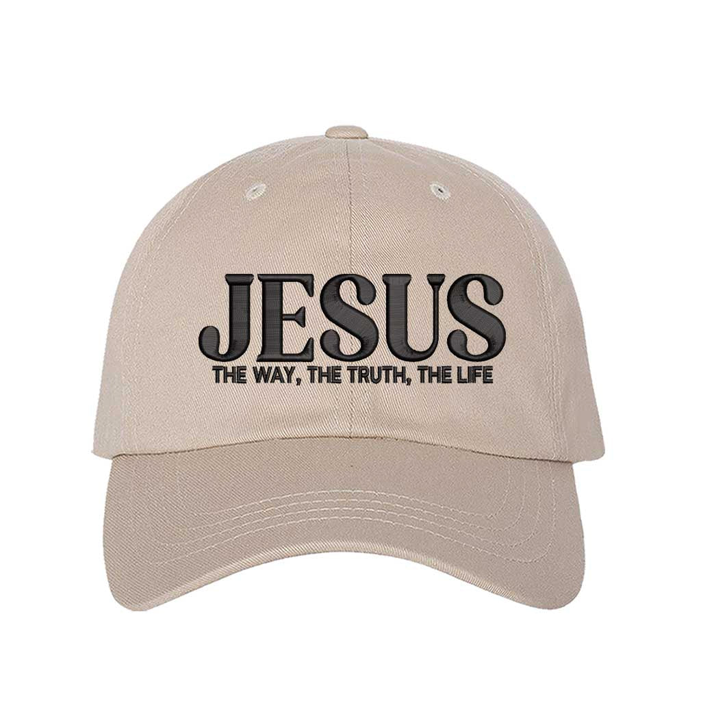 Stone Jesus The Way The Truth The Life 3D Puff Baseball Hat featuring bold black 3D raised embroidery on a structured cotton cap; a premium scripture statement piece by DSY Lifestyle.