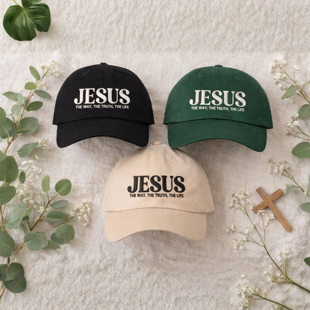 Set of Jesus The Way The Truth The Life 3D Puff Baseball Hats featuring bold white 3D raised embroidery on a structured cotton cap; a premium scripture statement piece by DSY Lifestyle.