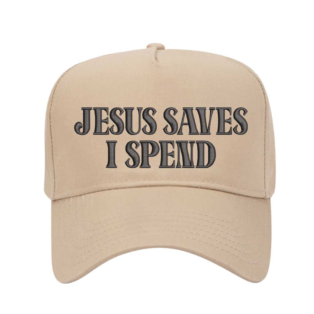 Khaki Jesus Saves I Spend 5-panel embroidered baseball hat featuring clean lettering on a trendy structured cap – DSY Lifestyle
