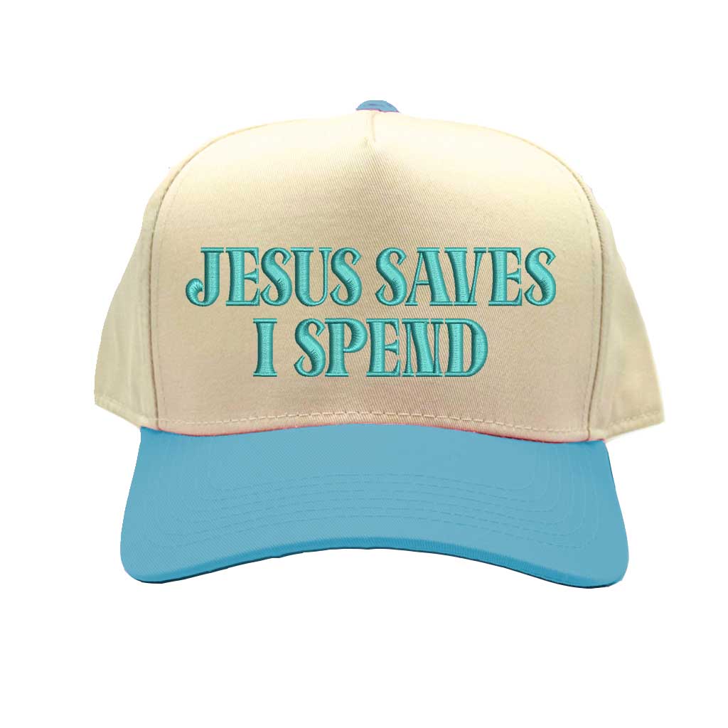 Natural/Aqua Jesus Saves I Spend 5-panel embroidered baseball hat featuring clean lettering on a trendy structured cap – DSY Lifestyle