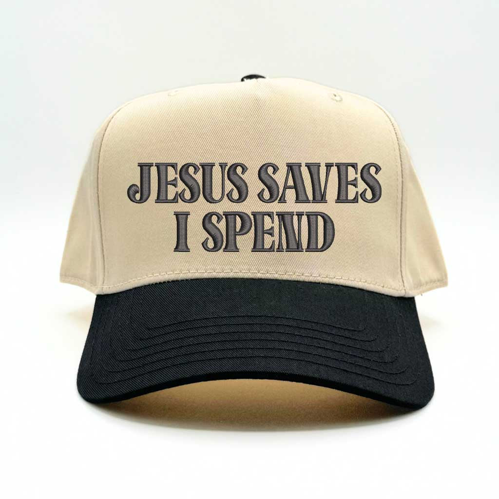 Natural/Black Jesus Saves I Spend 5-panel embroidered baseball hat featuring clean lettering on a trendy structured cap – DSY Lifestyle