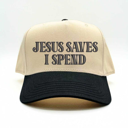 Natural/Black Jesus Saves I Spend 5-panel embroidered baseball hat featuring clean lettering on a trendy structured cap – DSY Lifestyle