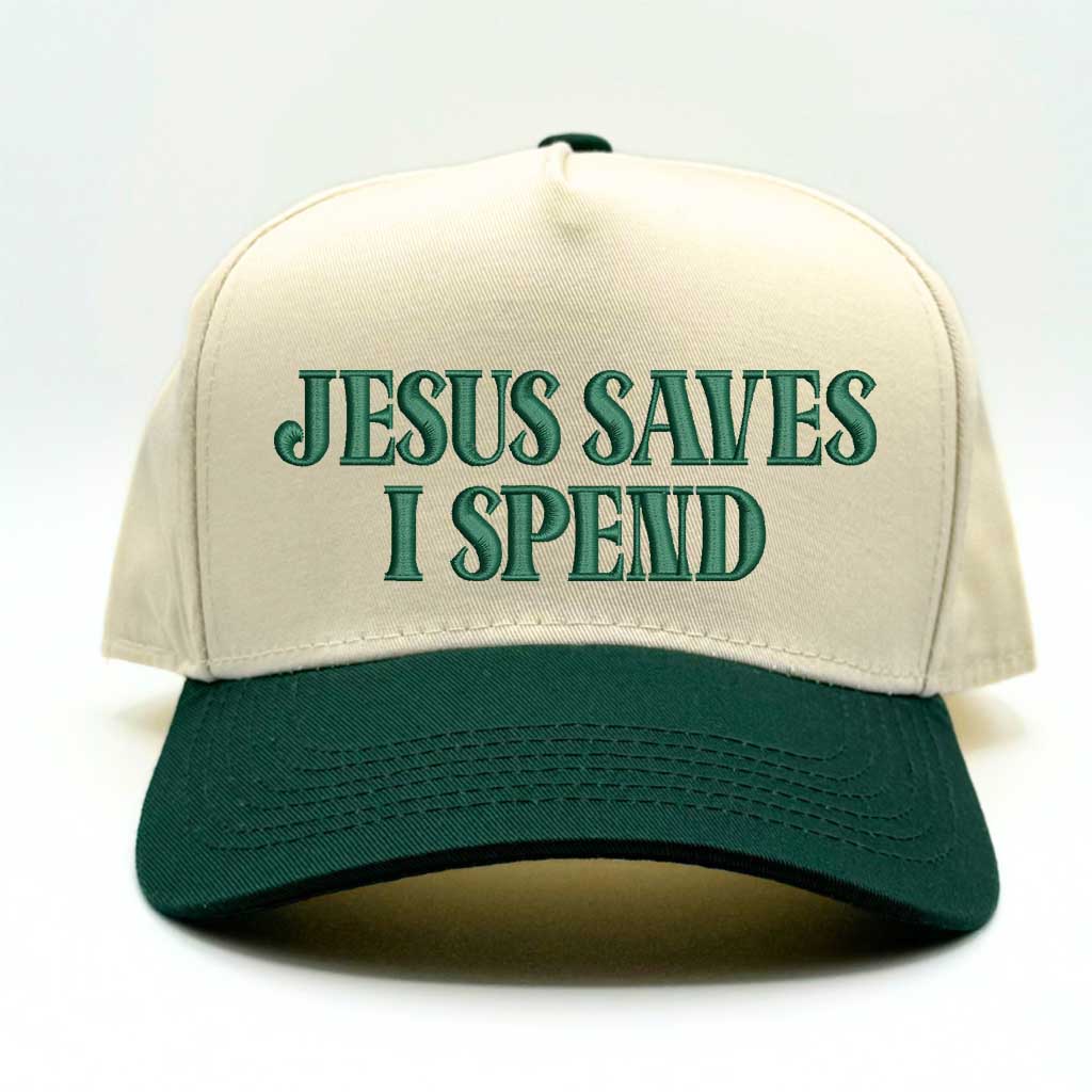 Natural/Forest Green Jesus Saves I Spend 5-panel embroidered baseball hat featuring clean lettering on a trendy structured cap – DSY Lifestyle