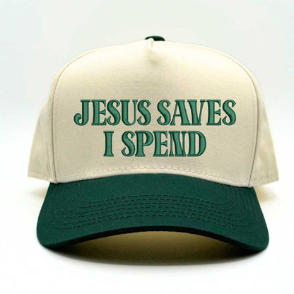 Natural/Forest Green Jesus Saves I Spend 5-panel embroidered baseball hat featuring clean lettering on a trendy structured cap – DSY Lifestyle