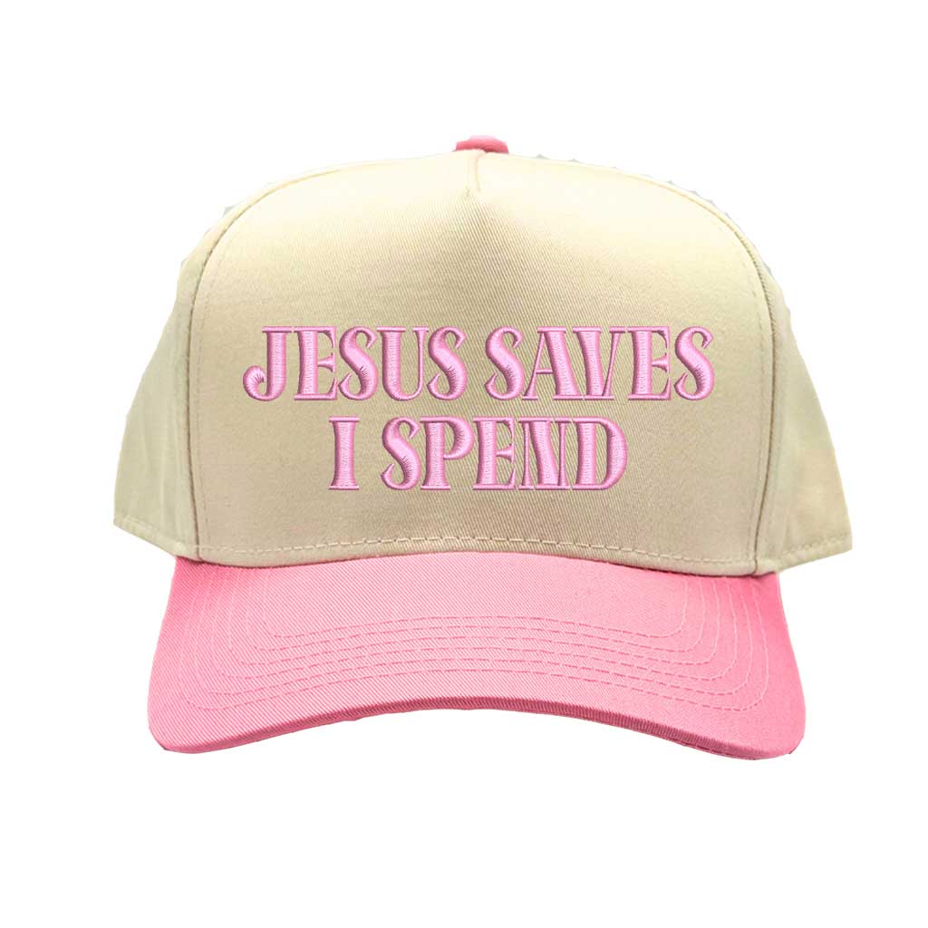 Natural/Light Pink Jesus Saves I Spend 5-panel embroidered baseball hat featuring clean lettering on a trendy structured cap – DSY Lifestyle