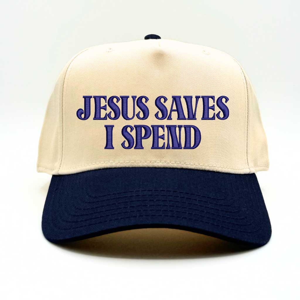 Natural/Navy Blue Jesus Saves I Spend 5-panel embroidered baseball hat featuring clean lettering on a trendy structured cap – DSY Lifestyle