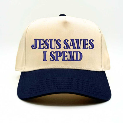 Natural/Navy Blue Jesus Saves I Spend 5-panel embroidered baseball hat featuring clean lettering on a trendy structured cap – DSY Lifestyle