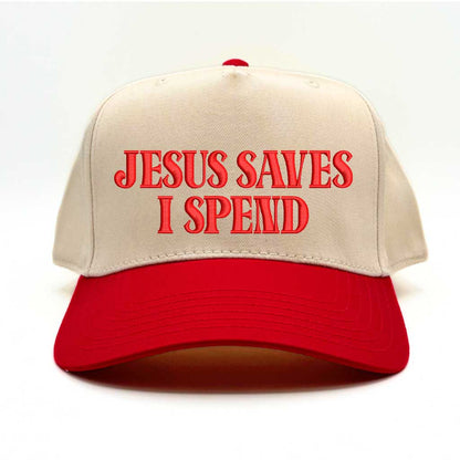 Natural/Red Jesus Saves I Spend 5-panel embroidered baseball hat featuring clean lettering on a trendy structured cap – DSY Lifestyle
