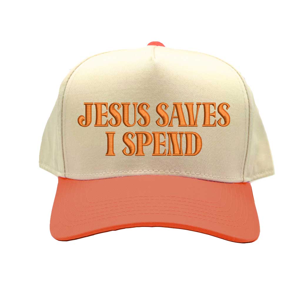 Natural/Texas Orange Jesus Saves I Spend 5-panel embroidered baseball hat featuring clean lettering on a trendy structured cap – DSY Lifestyle