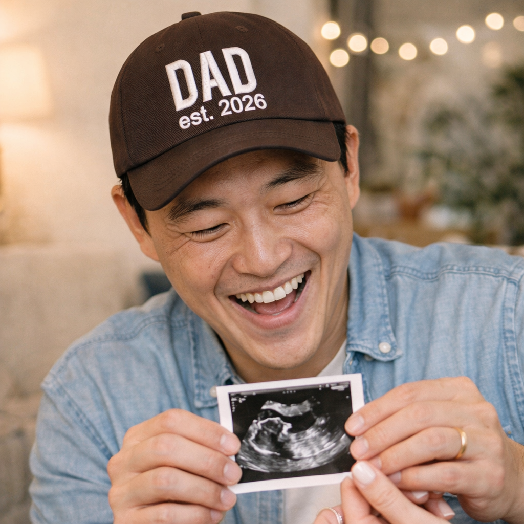 A man holding a sonogram wearing a Brown Dad Est. 2026 Baseball Hat featuring bold white embroidery on a classic dad cap; the perfect 2026 baby announcement gift for new fathers by DSY Lifestyle.