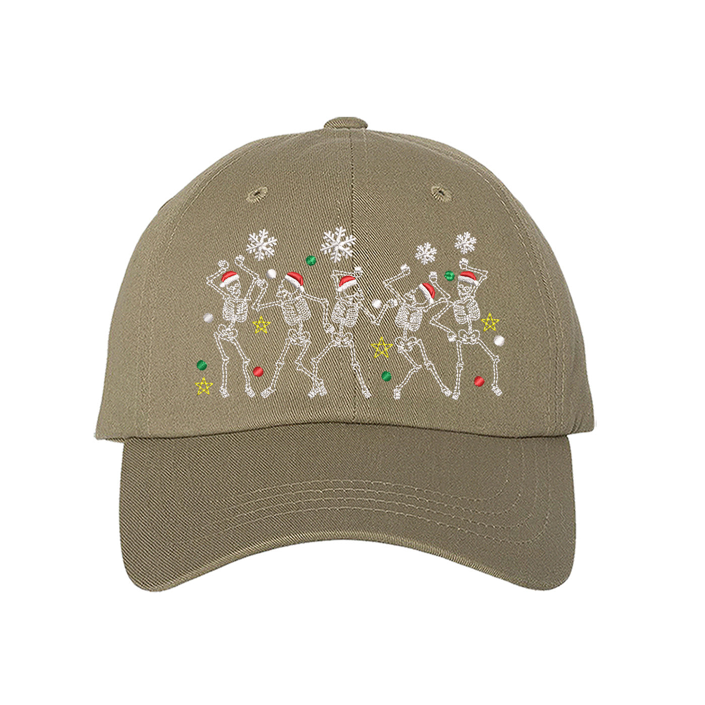 Khaki Dancing Skeletons Christmas Embroidered Baseball Hat featuring festive dancing skeleton embroidery and adjustable hook and loop closure – DSY Lifestyle.