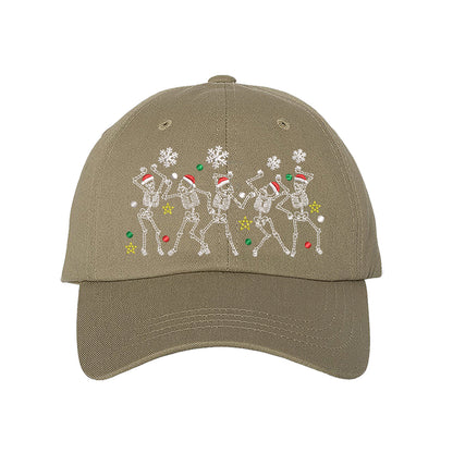 Khaki Dancing Skeletons Christmas Embroidered Baseball Hat featuring festive dancing skeleton embroidery and adjustable hook and loop closure – DSY Lifestyle.