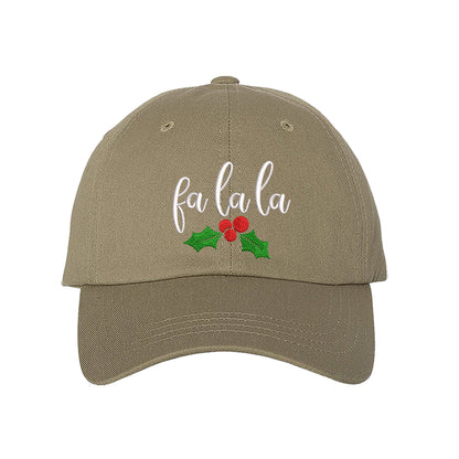 Khaki Fa La La Christmas Mistletoe Embroidered Baseball Hat featuring festive holiday embroidery with mistletoe design and adjustable hook and loop fit. – DSY Lifestyle