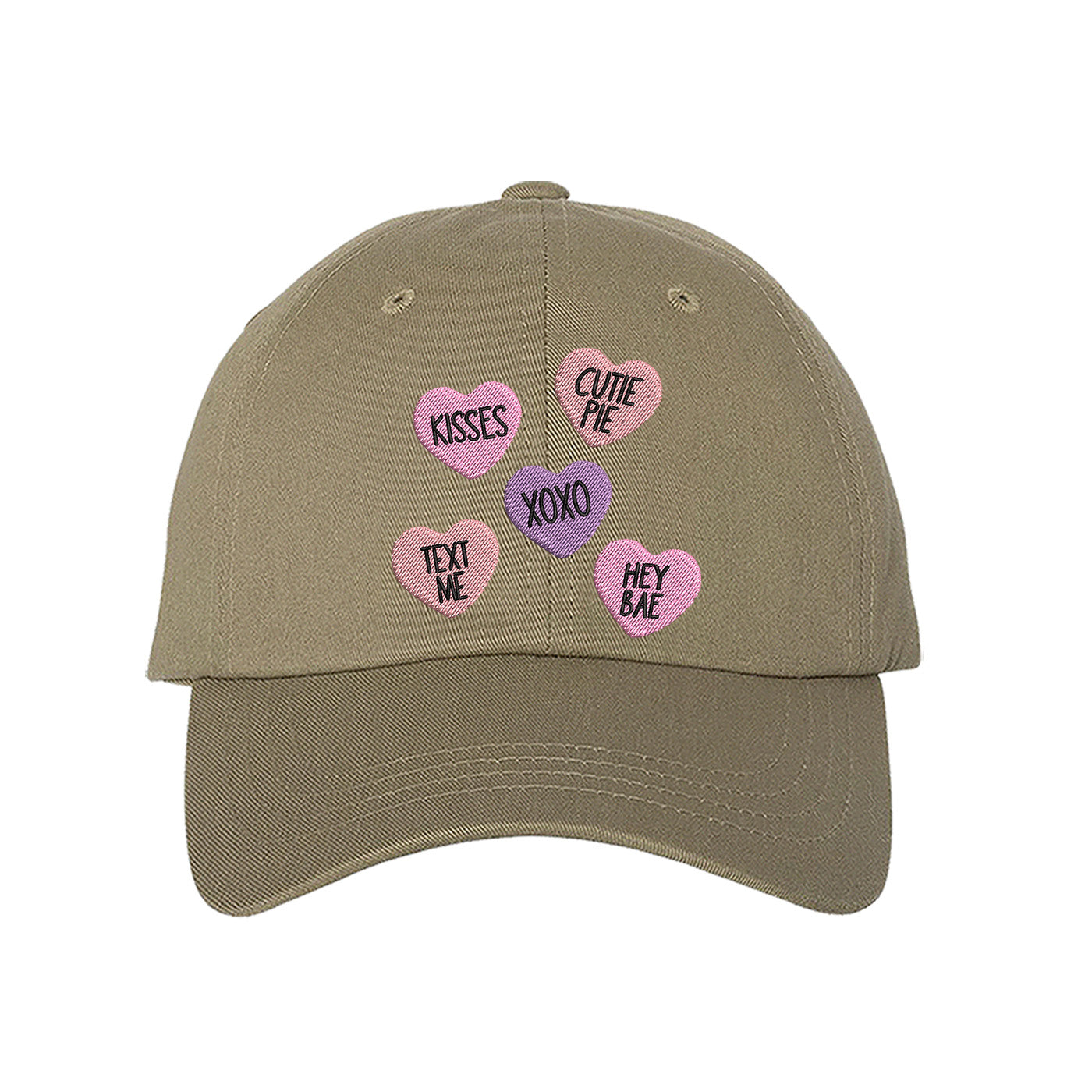 Khaki Conversation Hearts Baseball Hat featuring colorful, nostalgic candy heart embroidery on a classic dad hat; part of the DSY Lifestyle Valentine&