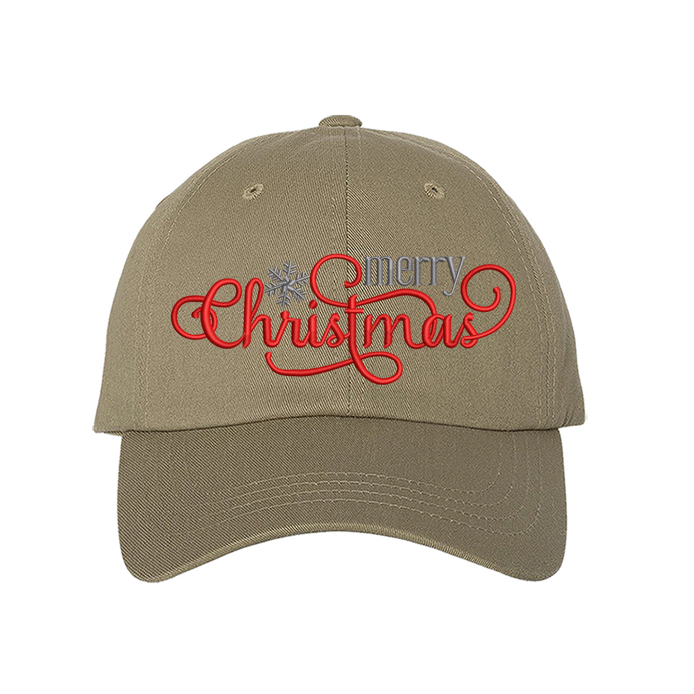 Khaki Merry Christmas Snowflake Embroidered Baseball Hat featuring festive red and white embroidery, curved brim, and adjustable hook and loop closure for holiday style. - DSY Lifestyle