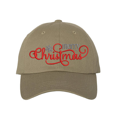 Khaki Merry Christmas Snowflake Embroidered Baseball Hat featuring festive red and white embroidery, curved brim, and adjustable hook and loop closure for holiday style. - DSY Lifestyle